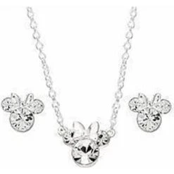Disney Minnie Mouse Plated Brass And Clear Crystal Necklace And Stud Earring Set